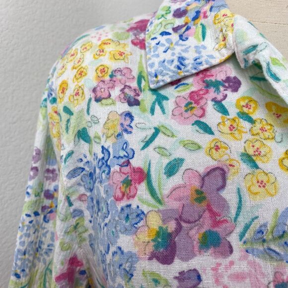 Vtg 90s Koret Womans Spring Floral Blouse Med Cotton Linen Short Sleeves Gauzy - Picture 2 of 9